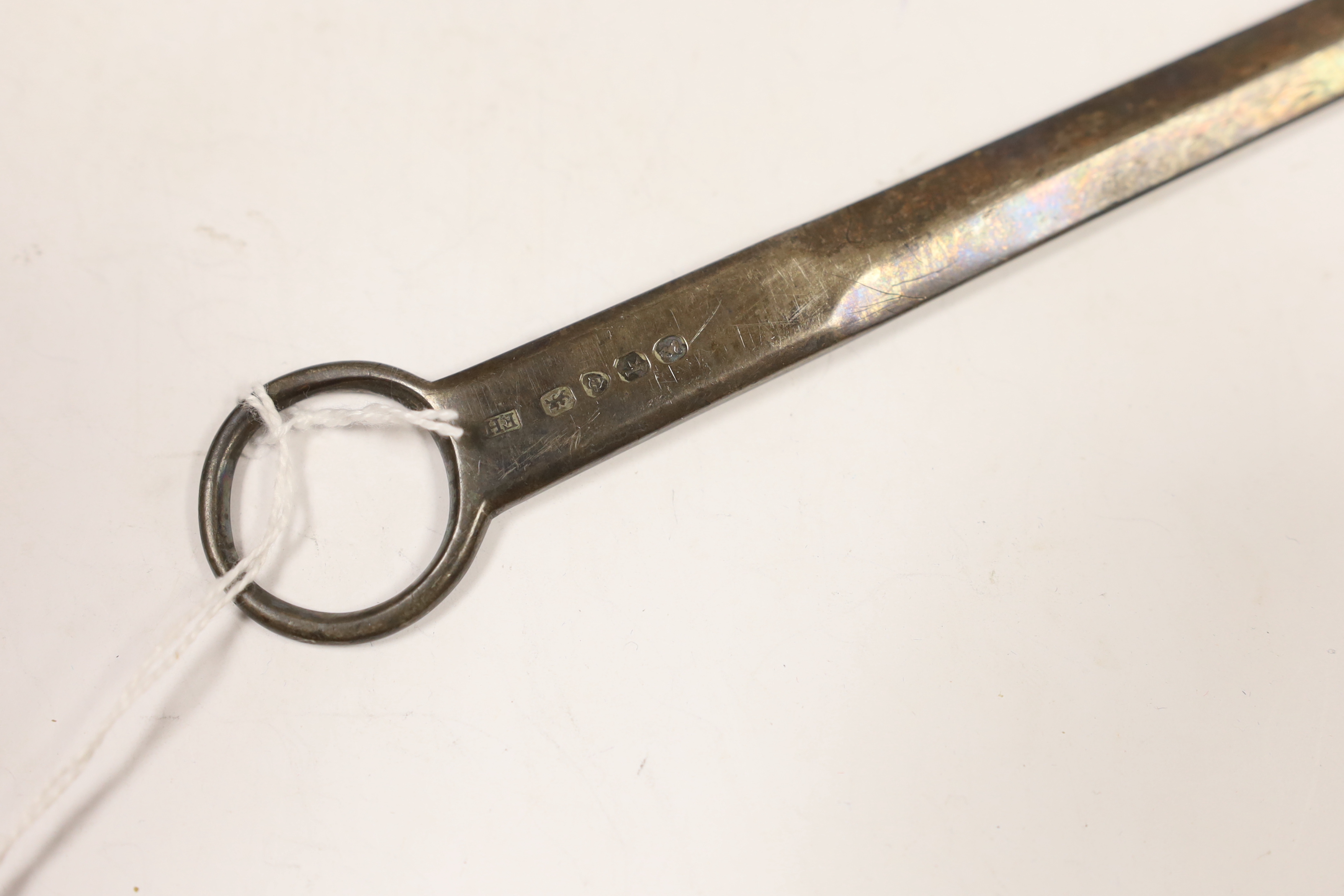 A small Blue John dish, a silver skewer and a pipe case, skewer 27.5cm long